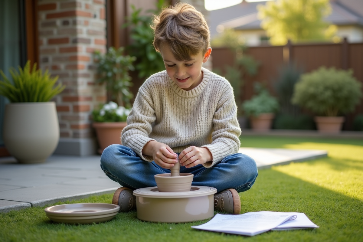 Adolescent assemblant un kit de poterie en extérieur