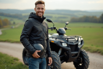 Jeune homme souriant avec quad bike en nature