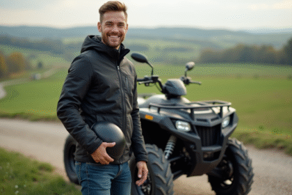 Jeune homme souriant avec quad bike en nature