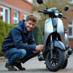 Jeune homme en veste de mécanicien vérifiant un scooter en ville