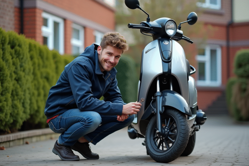 Jeune homme en veste de mécanicien vérifiant un scooter en ville