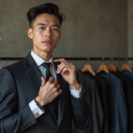 Jeune adulte nonbinaire en costume élégant ajustant sa cravate