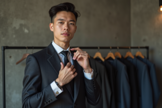 Jeune adulte nonbinaire en costume élégant ajustant sa cravate