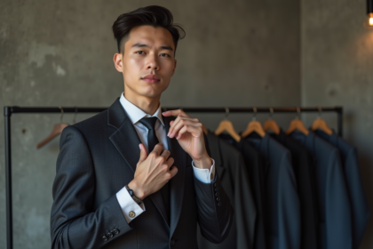 Jeune adulte nonbinaire en costume élégant ajustant sa cravate