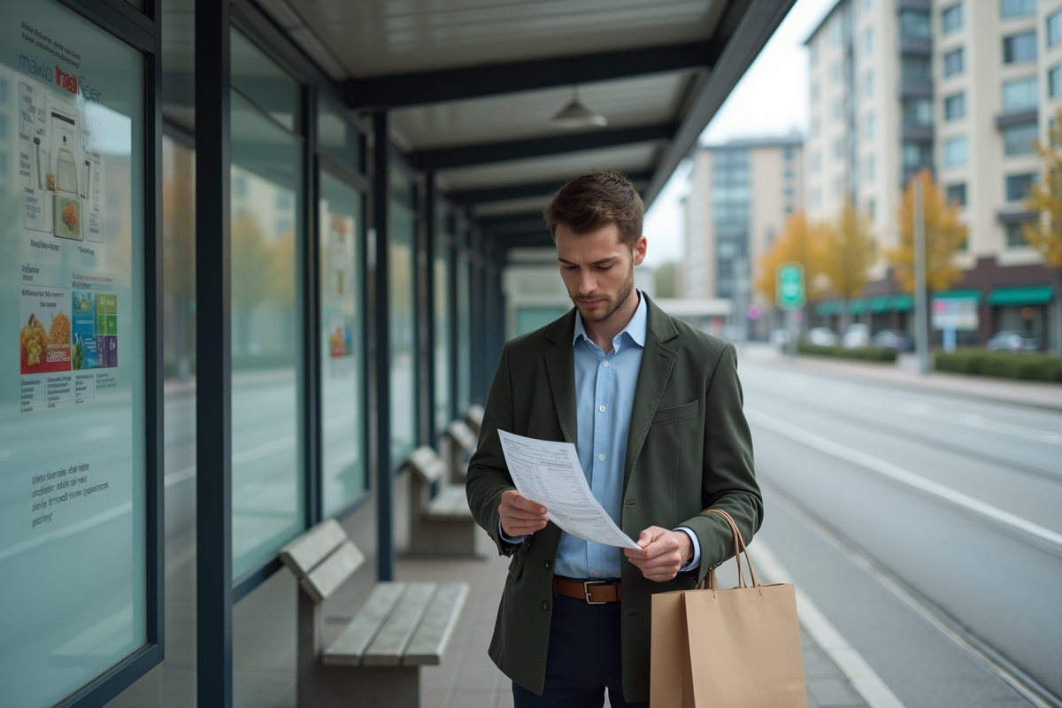 Jeune homme vérifiant un reçu dans un arrêt de tram urbain