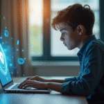 Jeune personne travaillant sur un ordinateur avec un hologram de protection en ligne