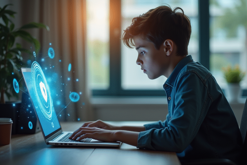 Jeune personne travaillant sur un ordinateur avec un hologram de protection en ligne