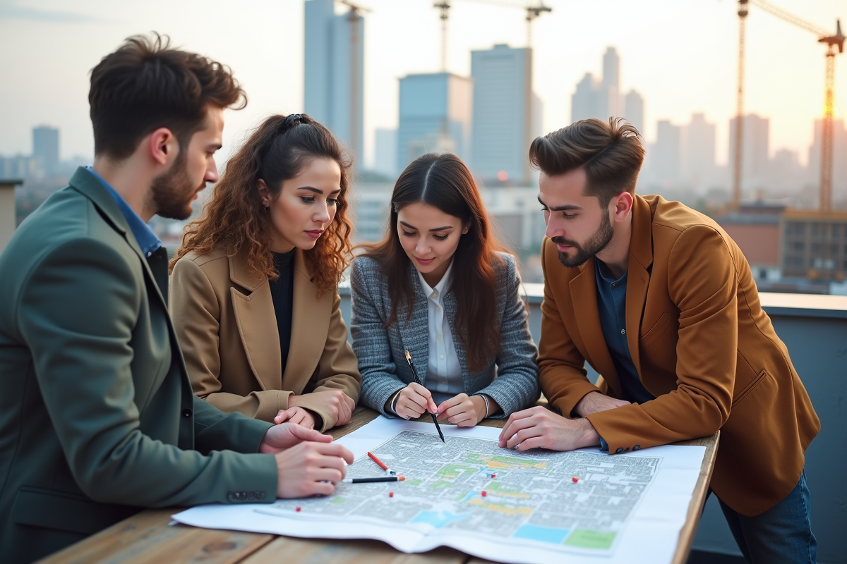 Jeunes collaborant sur une carte urbaine en extérieur