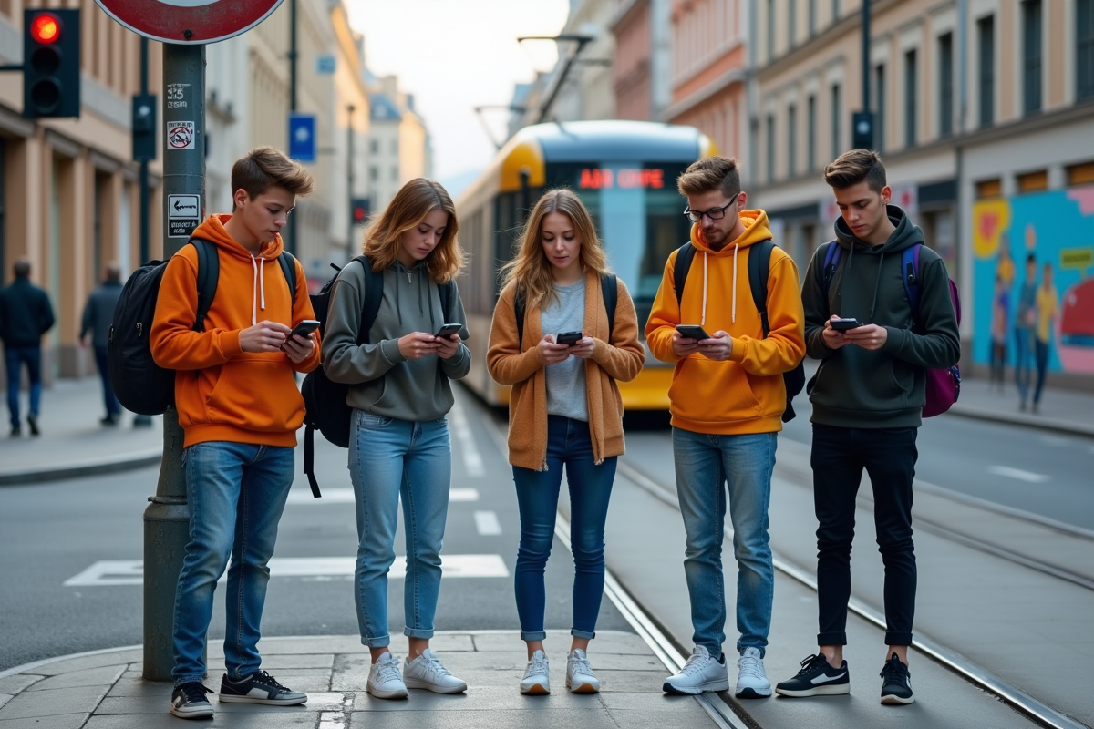 Jeunes avec smartphones dans une rue urbaine animée