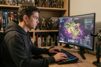 Joueur concentré sur une quête RPG fantasy avec interface violette sur écran d'ordinateur dans un setup gaming