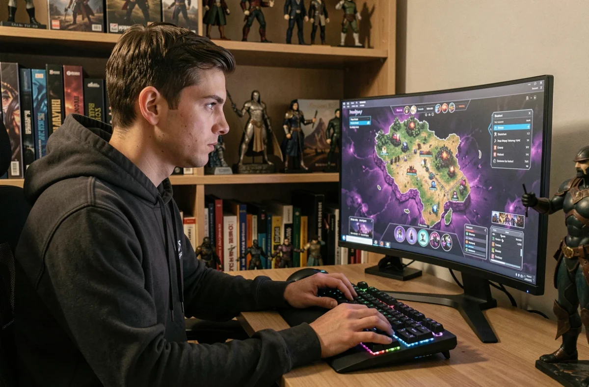 Joueur concentré sur une quête RPG fantasy avec interface violette sur écran d'ordinateur dans un setup gaming