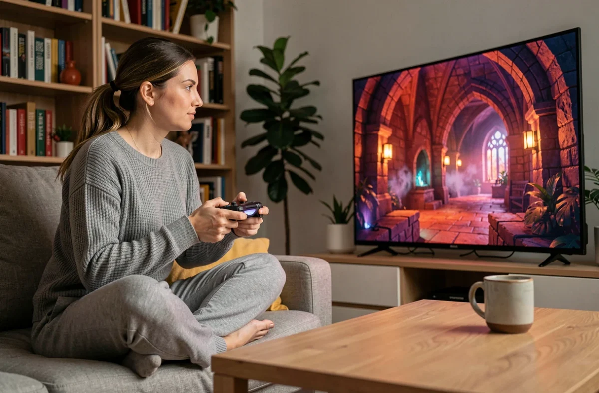 Femme jouant à un jeu RPG fantasy sur grand écran TV dans un salon cosy, ambiance serveur solo