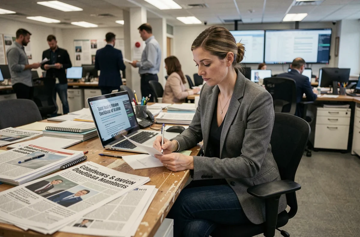 Journaliste d'investigation dans une salle de rédaction analysant des documents liés à une affaire judiciaire aux conséquences médiatiques importantes