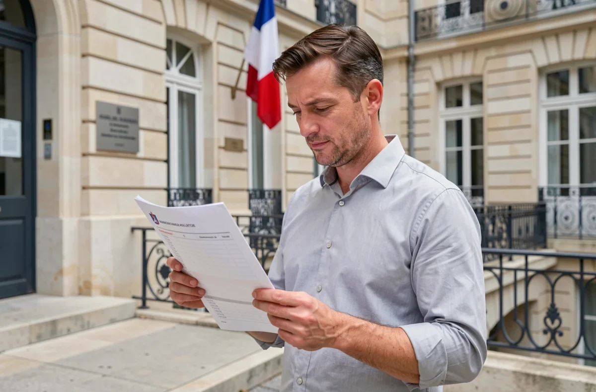 Fonctionnaire devant un bâtiment administratif français consultant le calendrier officiel des jours fériés de mai