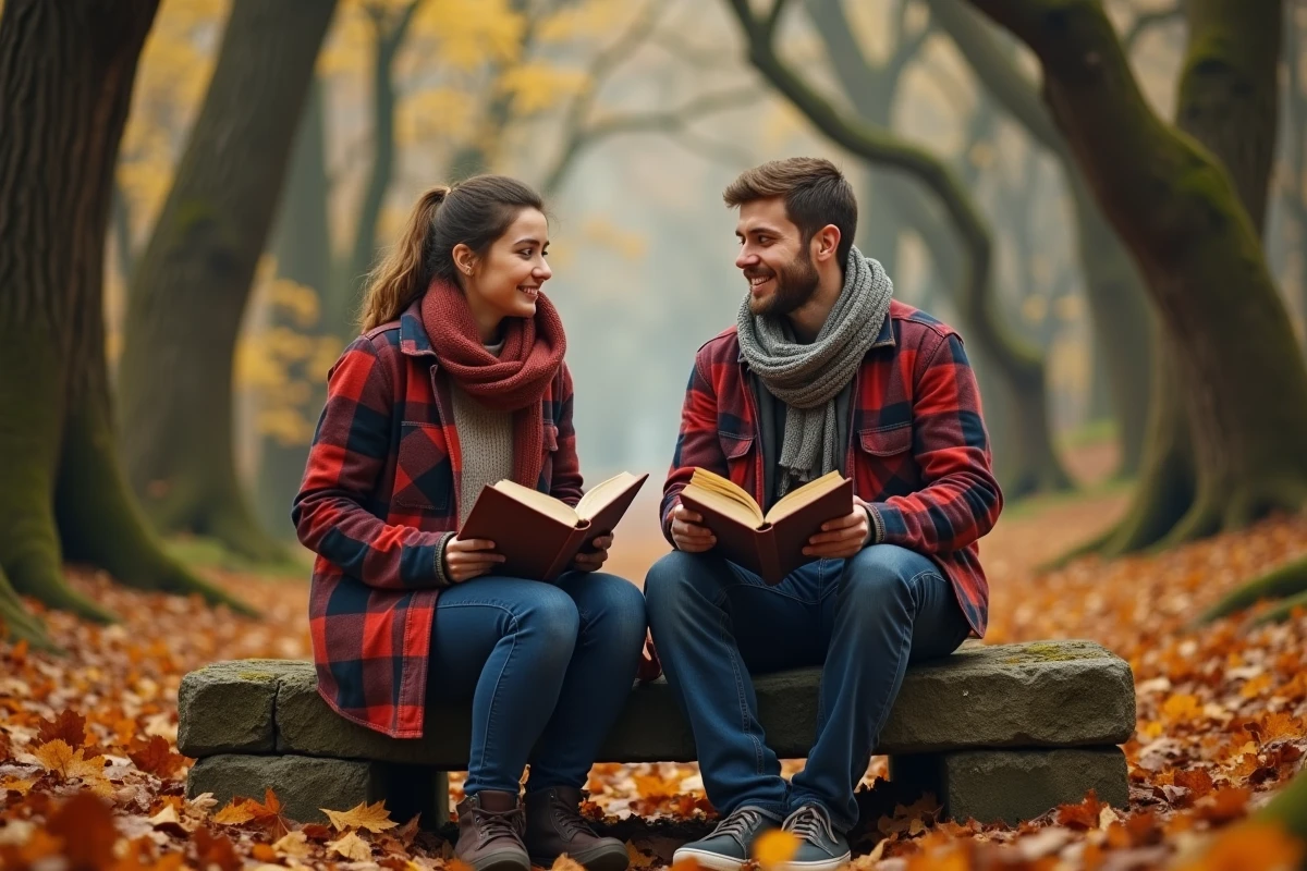 Deux amis lisant des romans de Tolkien dans une forêt automnale en discutant de l'ordre de lecture du Hobbit