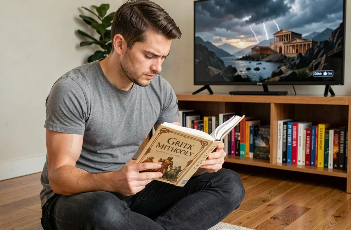 Jeune homme lisant un livre de mythologie grecque face à une série fantastique mettant en scène des dieux grecs