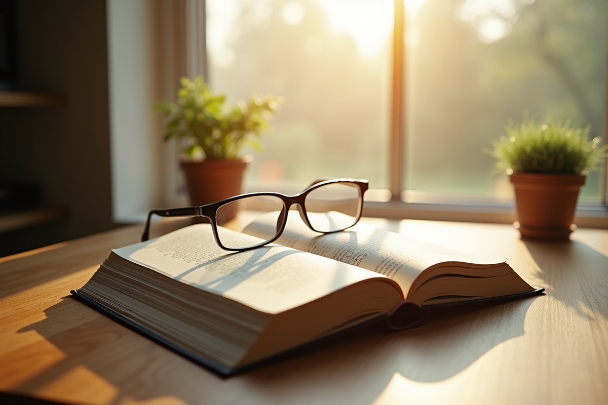 Livre ouvert et lunettes sur un bureau en lumière douce du matin