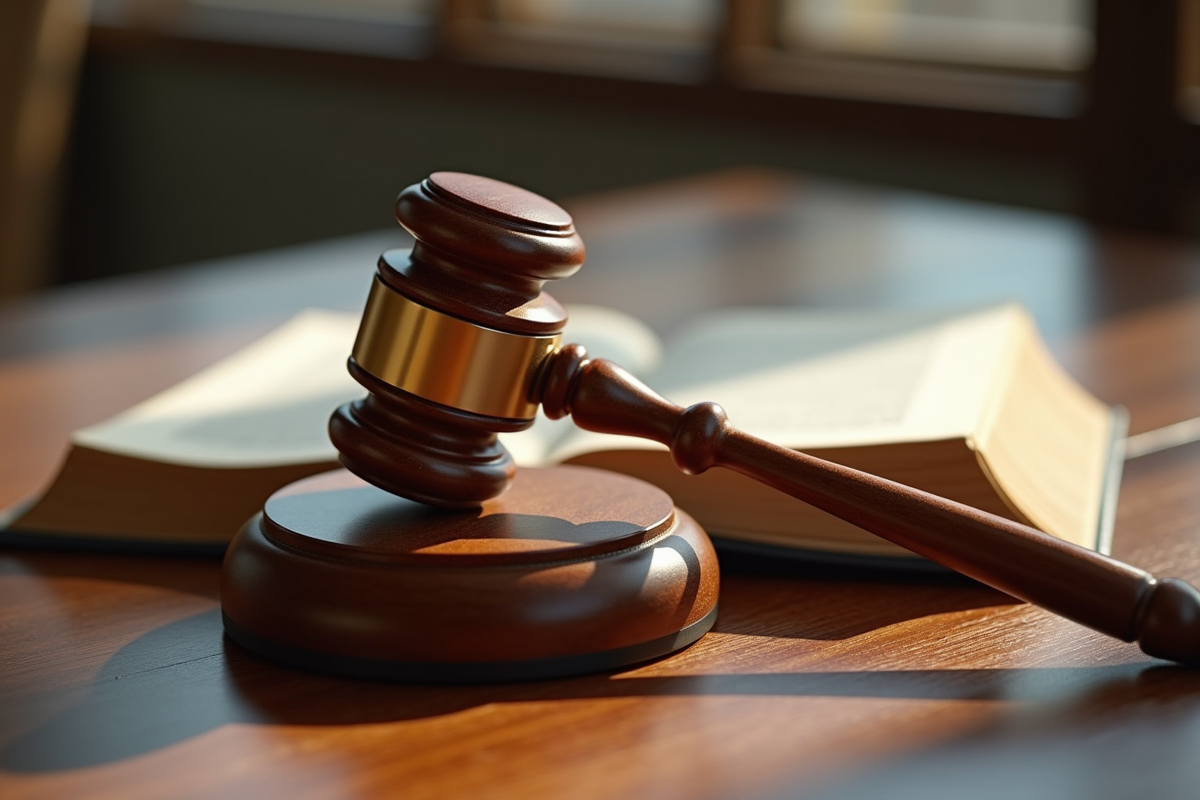 Maillet de juge en bois sur un code civil ouvert sur un bureau