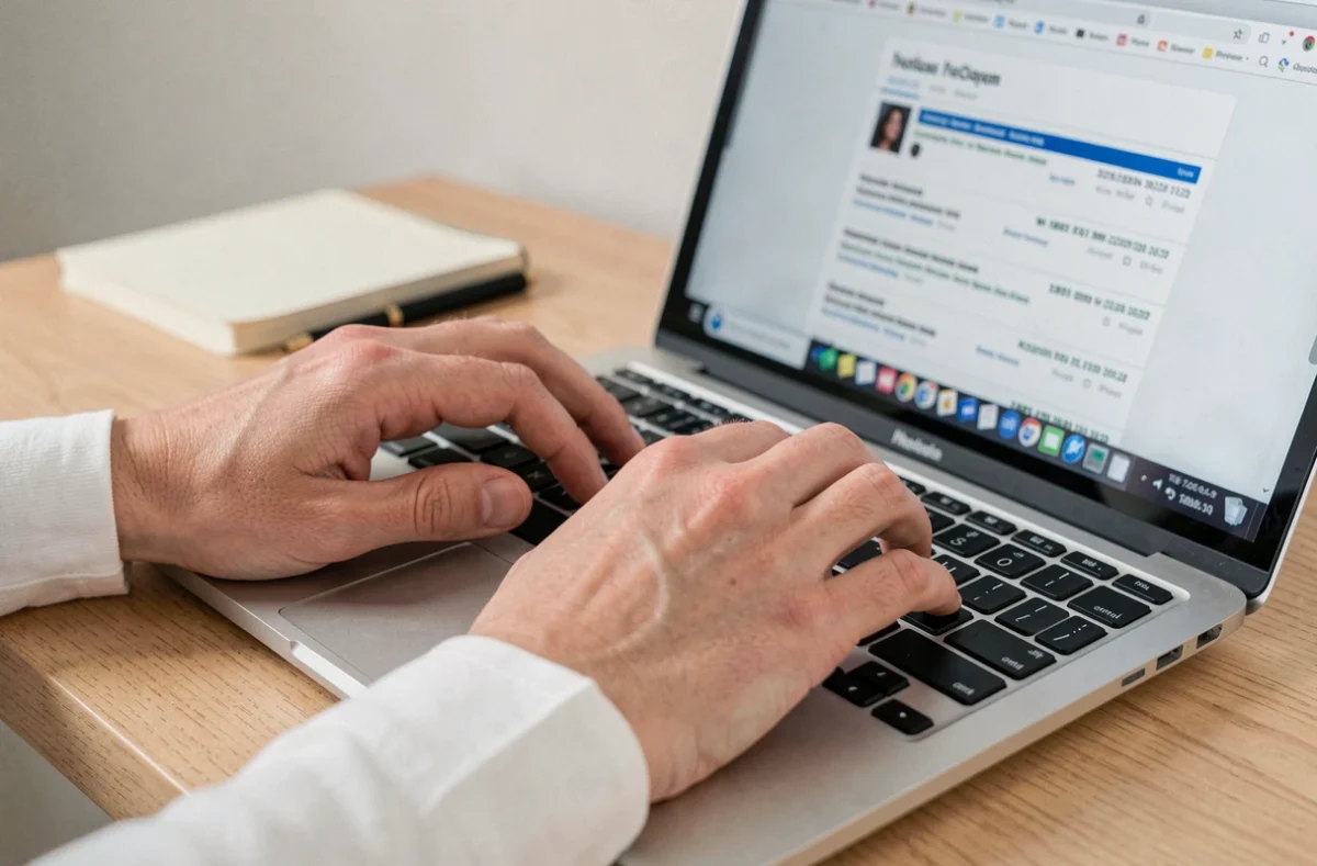 Mains tapant sur un clavier d'ordinateur pour rechercher des informations personnelles et protéger sa vie privée