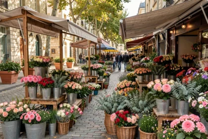 Marché aux fleurs animé en Loire-Atlantique avec des étals colorés de bouquets saisonniers sur une rue pavée