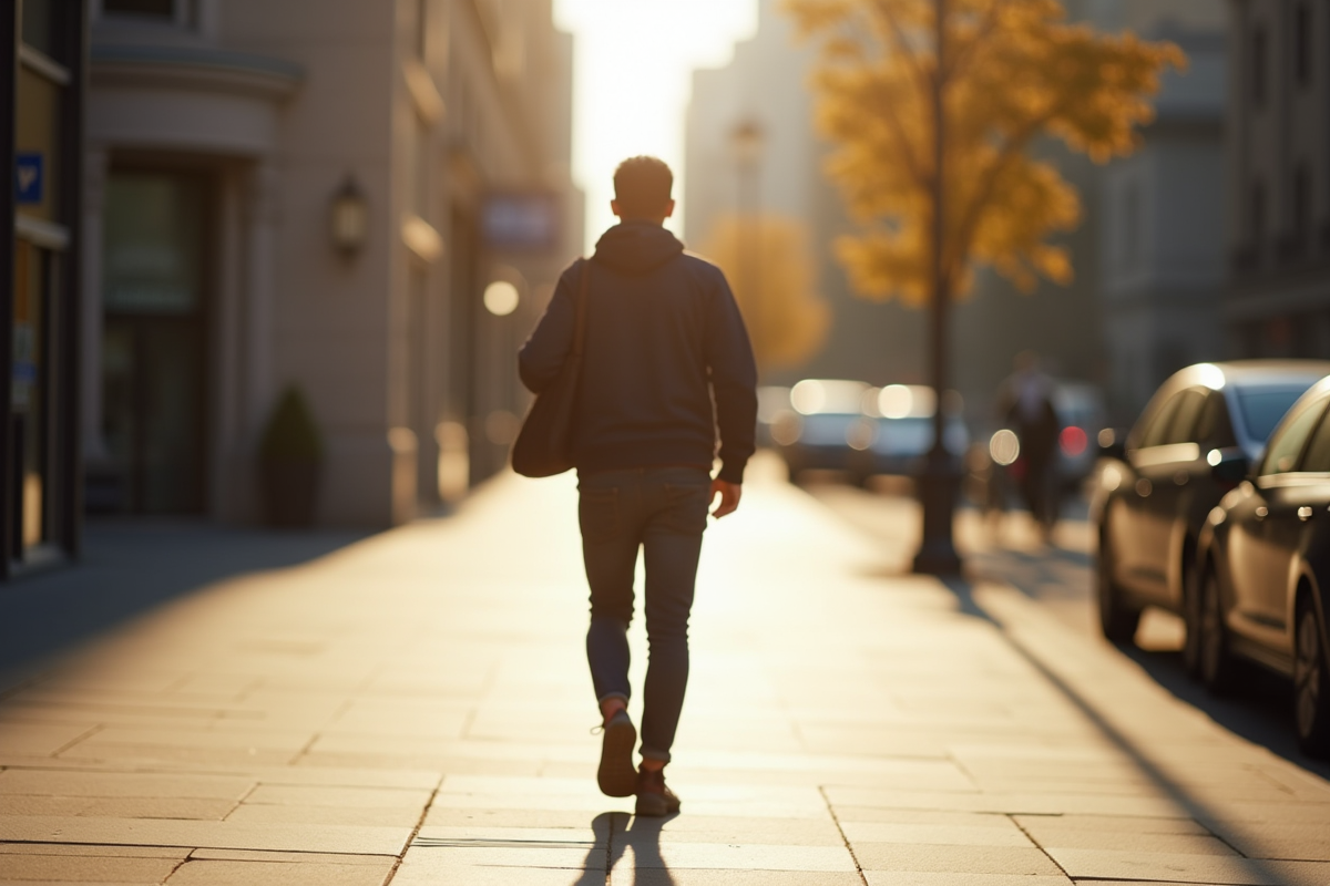 Personne marchant rapidement dans la ville en plein jour