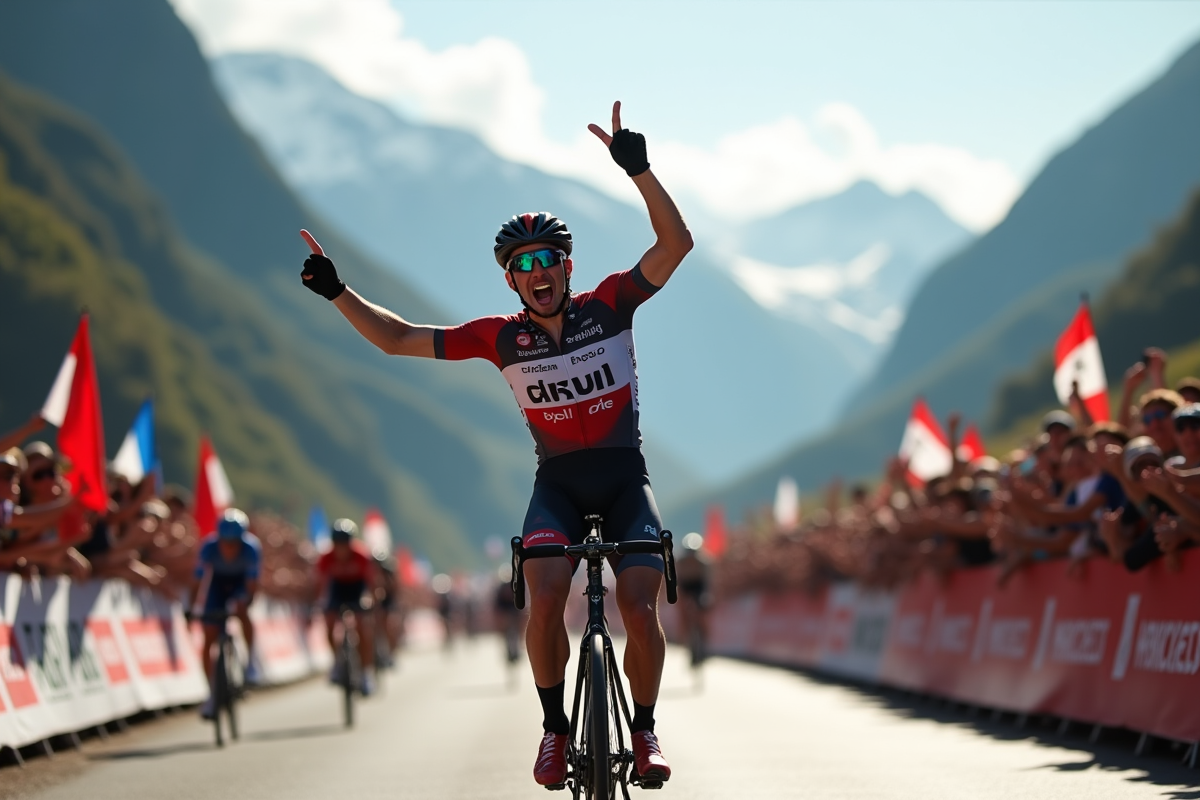 Mark Cavendish franchit la ligne d'arrivée à Plateau de Beille