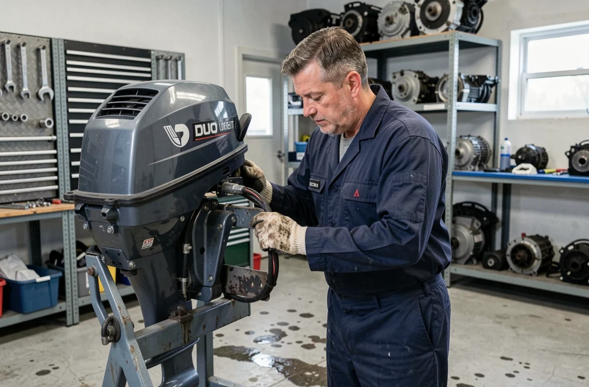 Mécanicien nautique inspectant un moteur hors-bord dans un atelier d'entretien de bateaux professionnel