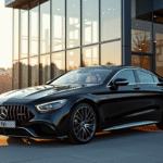 Voiture MercedesBenz noire devant un bâtiment moderne à Luxembourg