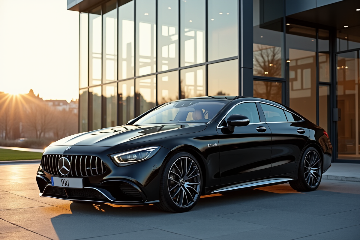 Voiture MercedesBenz noire devant un bâtiment moderne à Luxembourg