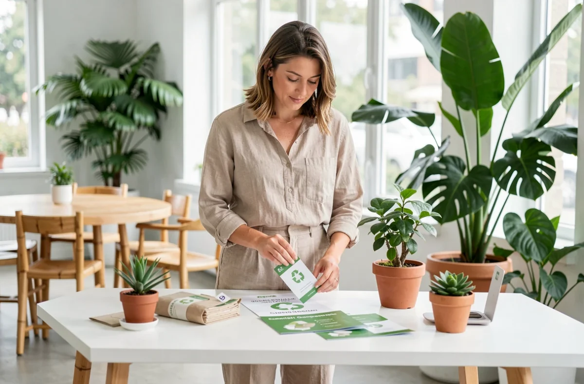 Une professionnelle de Mint Event disposant des supports de communication éco-responsables entourée de végétation dans un bureau durable