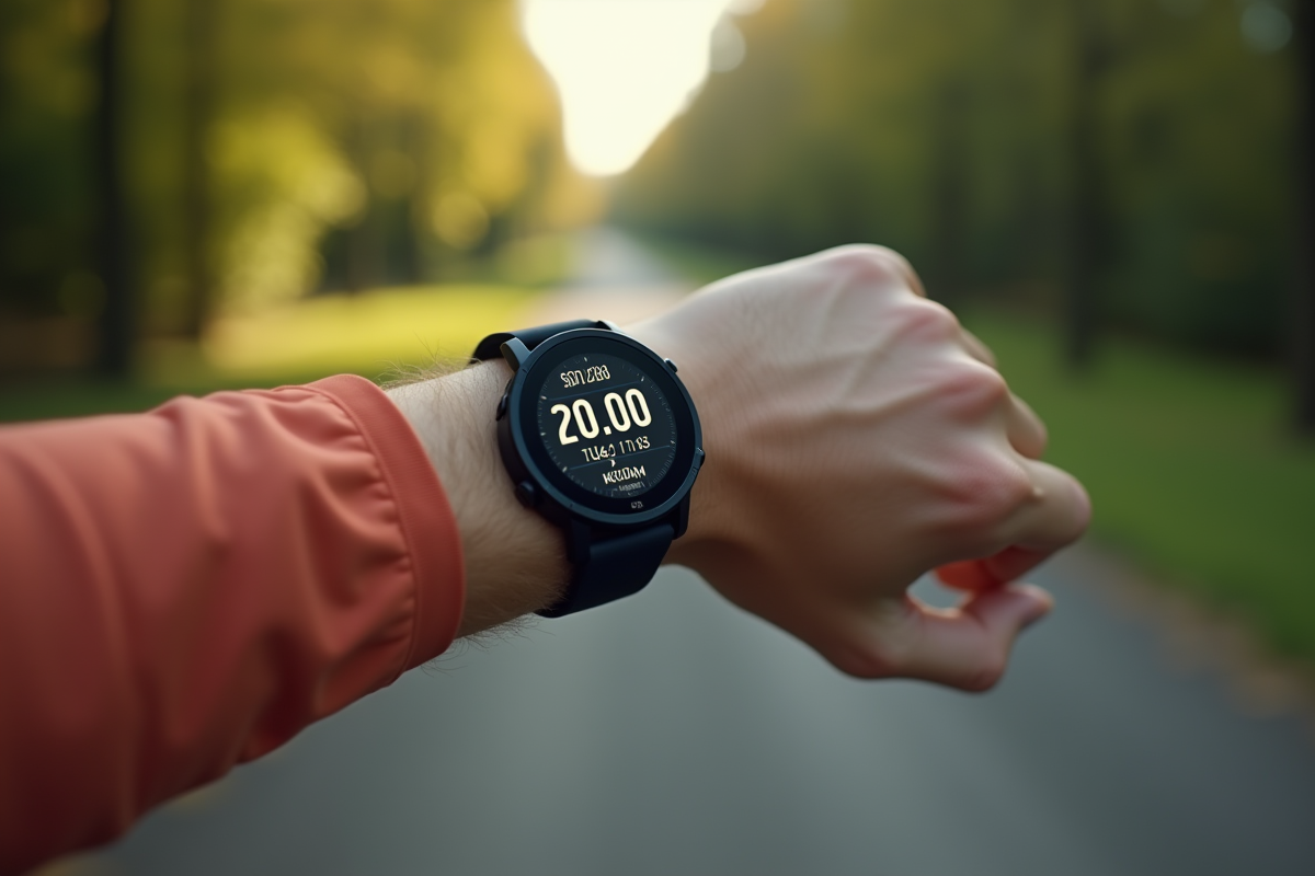 Montre connectee affichant 20000 pas en plein air