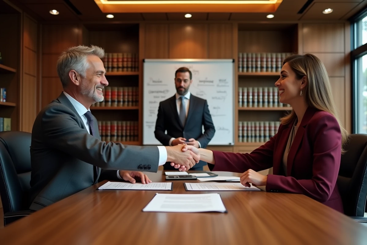 Deux professionnels du droit des affaires se serrant la main lors d'une négociation contractuelle encadrée par les obligations d'information de l'article 1112-1 du Code civil