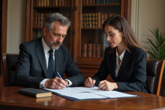 Notaire en costume examinant un contrat avec une cliente dans un bureau traditionnel