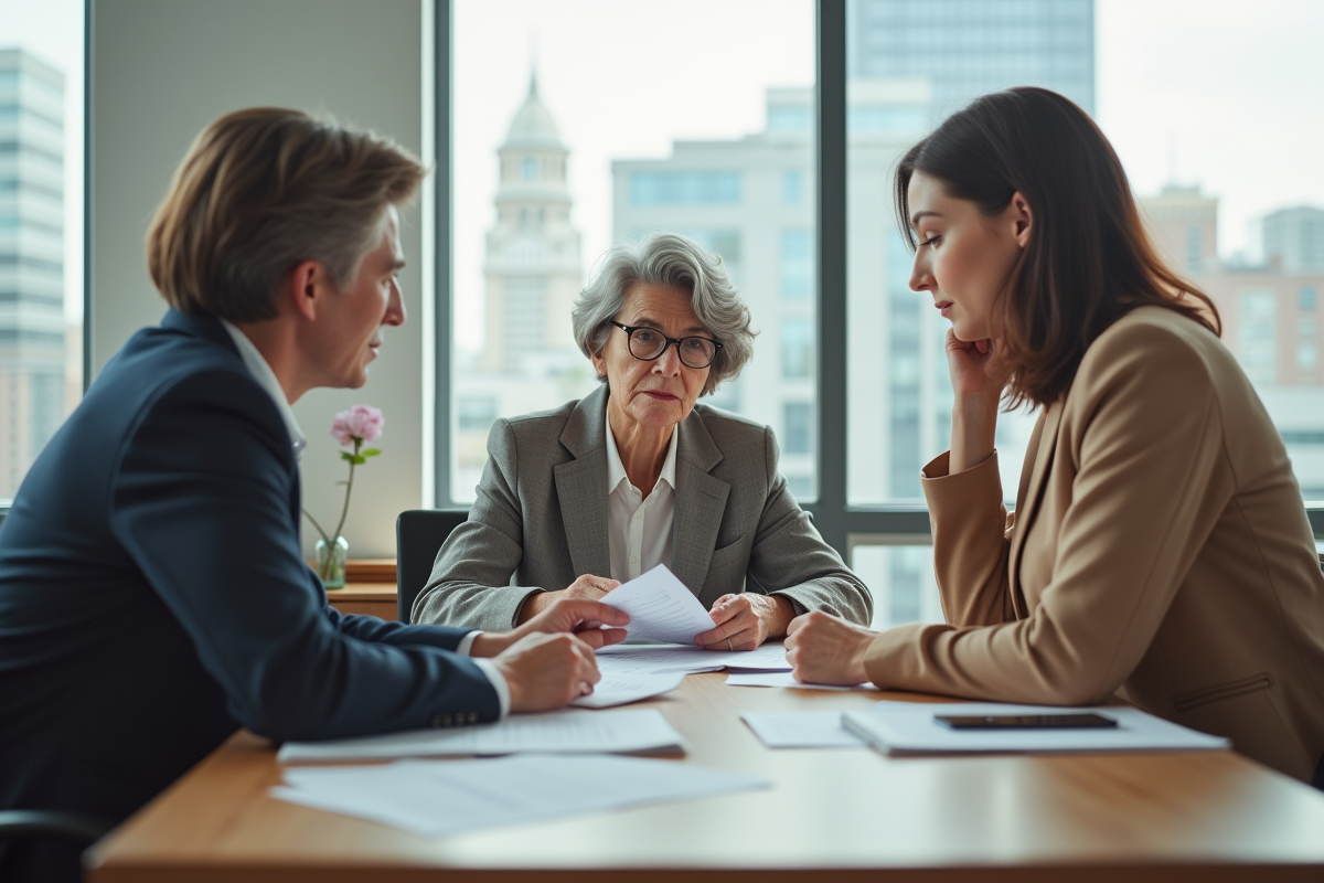 Notaire âgée expliquant les frais à un jeune couple dans un bureau moderne