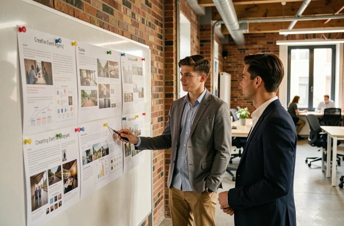 Deux professionnels de l'agence One Up Event à Toulouse examinant des concepts créatifs pour un événement