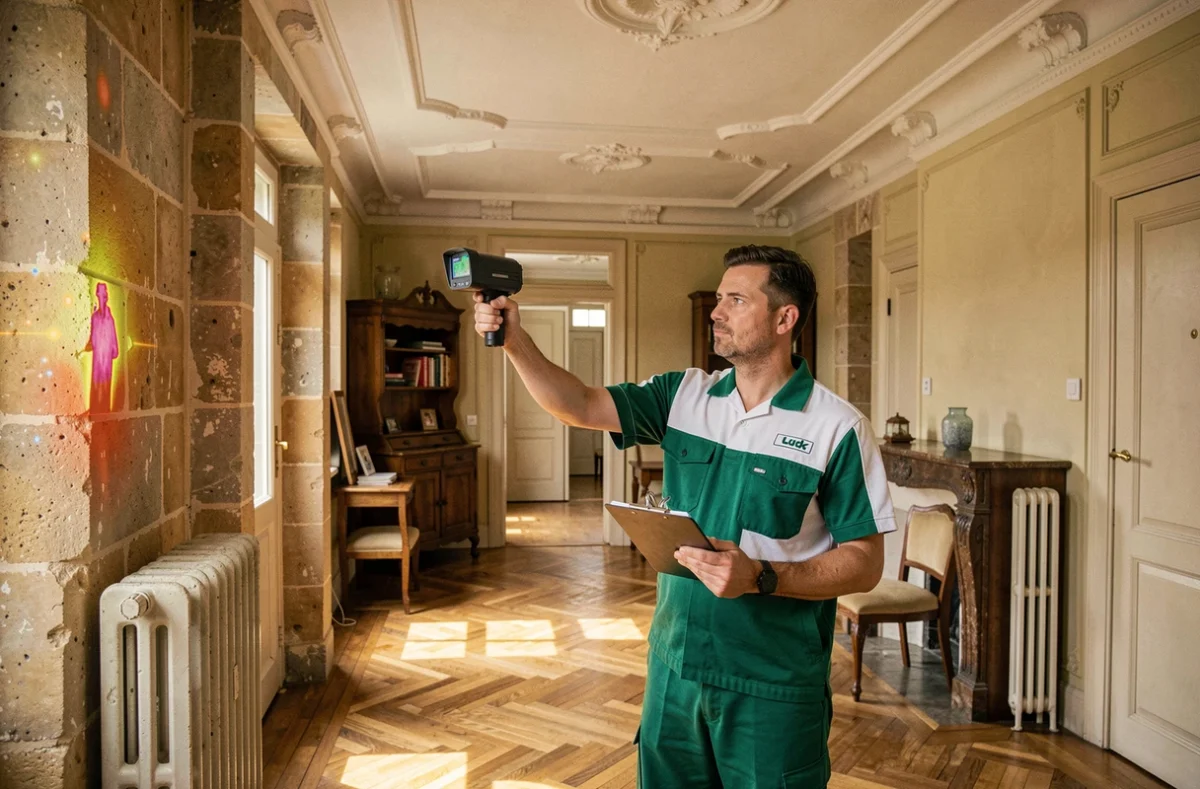 Auditeur énergétique d'Optimisation Habitat Energie réalisant un bilan thermique dans une maison ancienne des Yvelines
