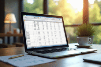 Ordinateur portable sur un bureau en bois avec feuille Excel
