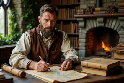 Homme arrangeant des livres du Hobbit et du Seigneur des Anneaux dans l'ordre chronologique sur un bureau de bibliothèque rustique
