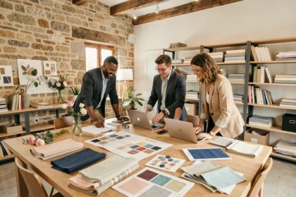 Équipe d'organisateurs d'événements en Occitanie travaillant autour d'une table couverte de planches créatives et d'échantillons