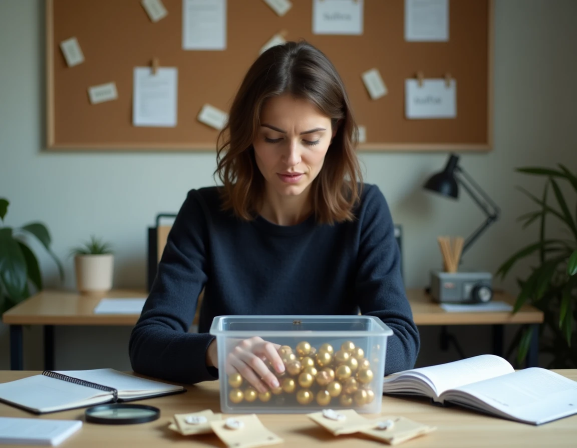 Femme débutante organisant une collection de capsules de champagne dans un plateau de tri avec un carnet de référence et une loupe sur un bureau de bureau à domicile