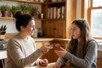 Femme tendant ses lunettes de vue à une adolescente à la table de cuisine familiale