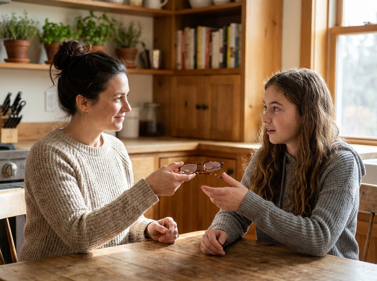 Femme tendant ses lunettes de vue à une adolescente à la table de cuisine familiale