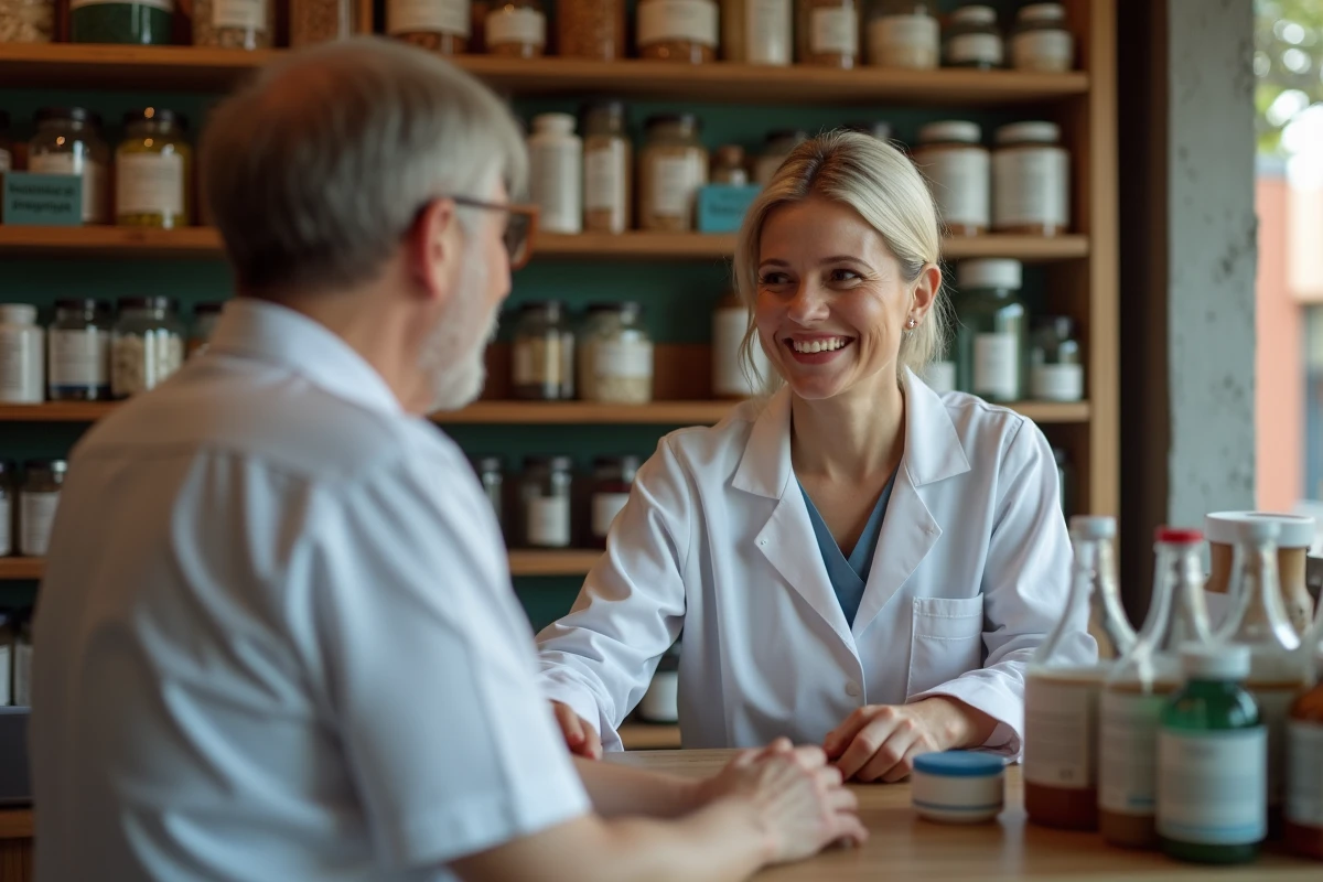 Pharmacienne aidant un client dans une pharmacie locale