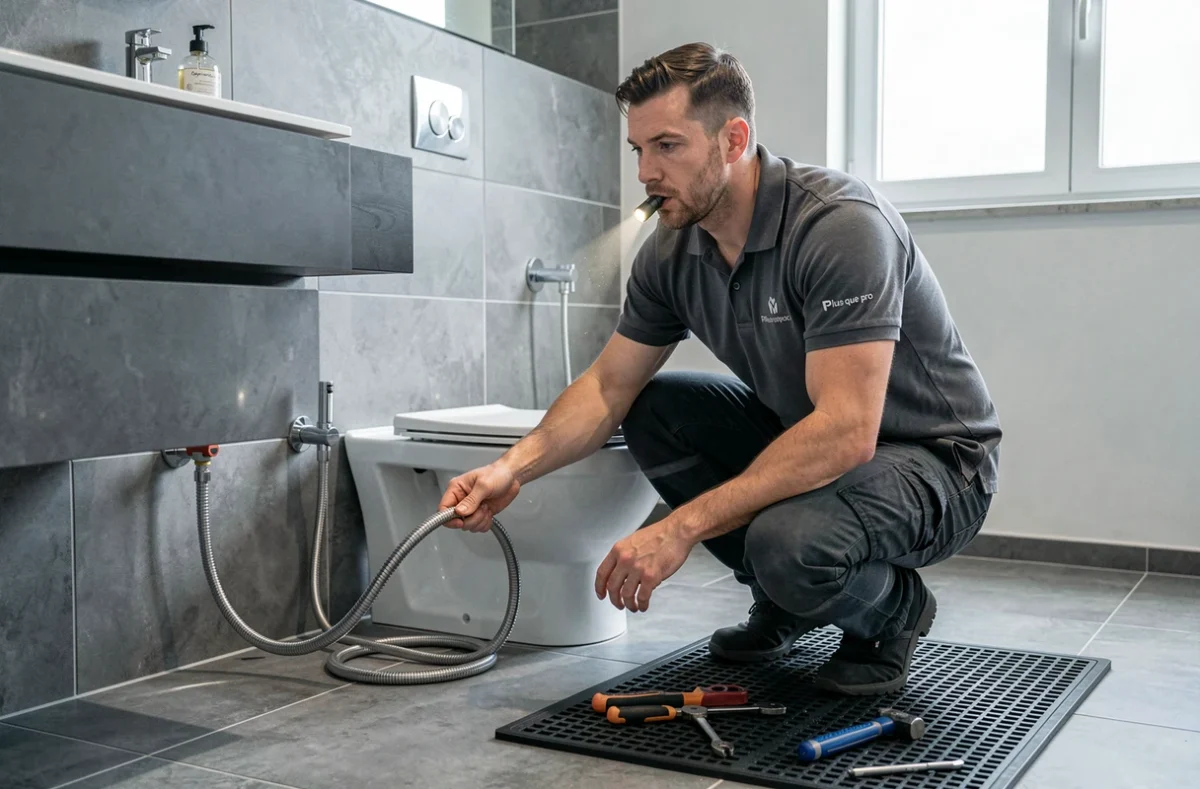 Technicien Plomberie et chauffage Bétheny réseau Plus que pro raccordant des flexibles dans une salle de bain moderne