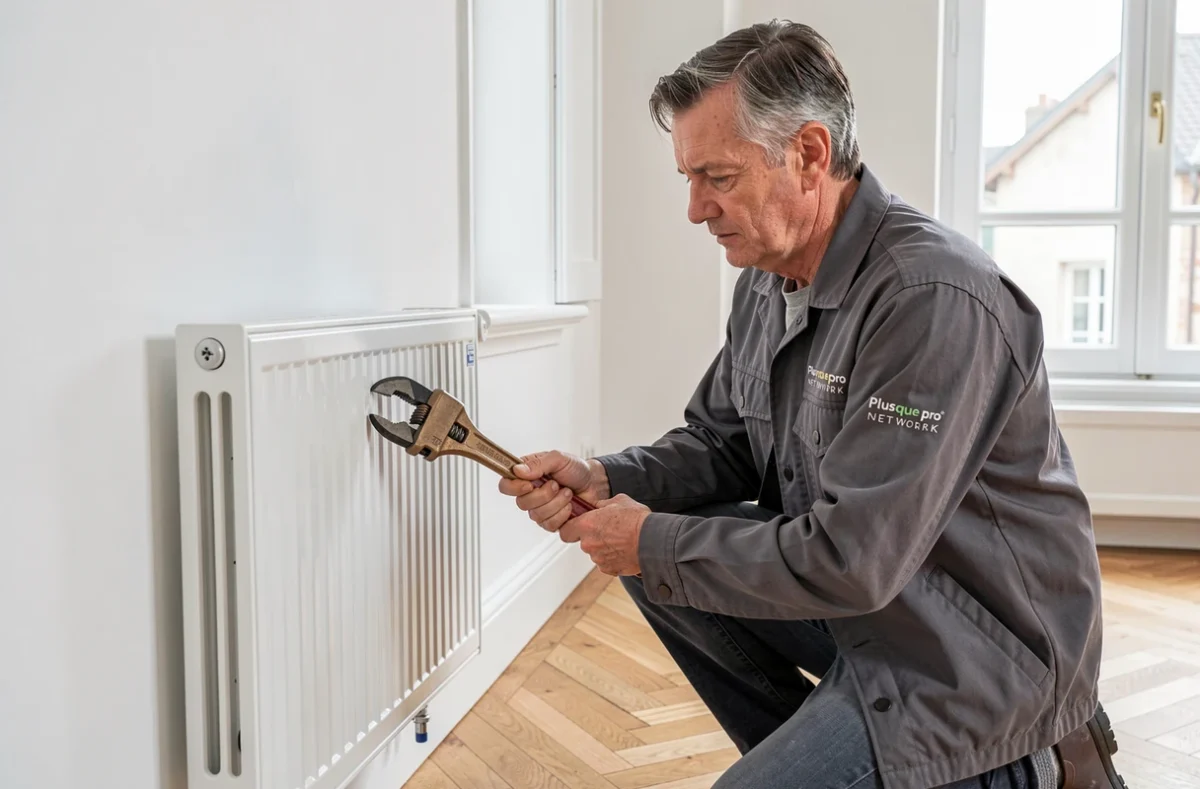 Technicien Plomberie et chauffage Romilly-sur-Seine réseau Plus que pro posant un radiateur dans une maison rénovée
