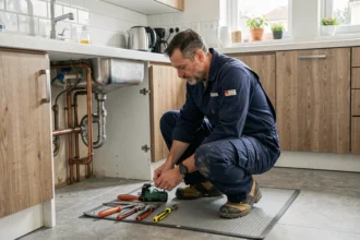 Plombier professionnel en intervention d'urgence sous un évier dans une maison de la Marne