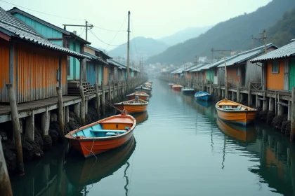 Port de pêche traditionnel japonais avec bateaux colorés amarrés le long d'un quai en pierre