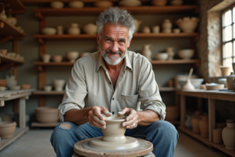 Potier homme façonnant une coupe en argile dans son atelier