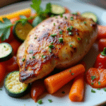 Poulet cuit avec légumes colorés sur assiette blanche