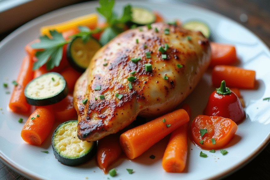 Poulet cuit avec légumes colorés sur assiette blanche
